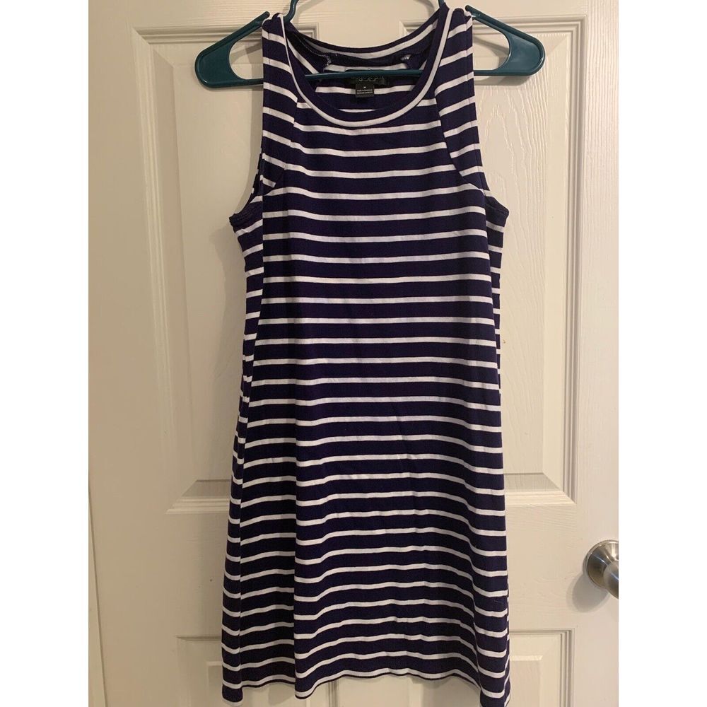 August Silk Jersey Sleeveless Midi‎ Maxi Dress Medium Navy Blue White Striped